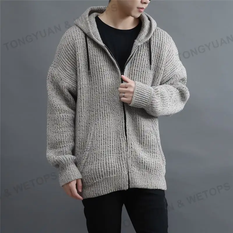 Vêtements personnalisés pour hommes Chunky fermeture éclair longueur moyenne tricot Logo personnalisé vêtements cardigan pull et capuche