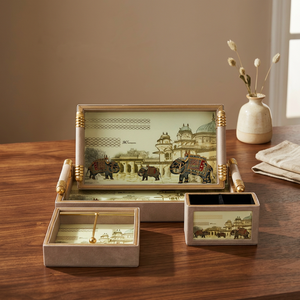 Plateau en similicuir avec poignée, lot de 4 pièces, plateau de service en cuir, plateau de rangement décoratif en MDF avec poignées dorées - Product Image 3