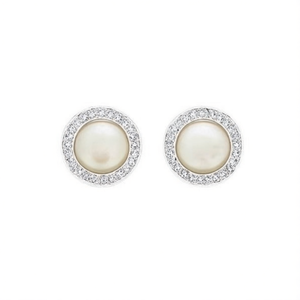 Boucles d'oreilles clous en or blanc E3266 avec perle d'imitation et halo de diamants pour femme, style classique de mariage - Product Image 1