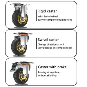 Roues en caoutchouc anti-crevaison de 3, 4, 5, 6, 8 pouces, 200Mm, noyau métallique, support en fer zingué, frein extérieur, roulette de chariot