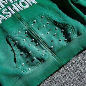 Sudadera con capucha de doble cremallera, 100% algodón, con estampado y bordado personalizados, lavado ácido, efecto desgastado por el sol, vintage, desgastada, de peso pesado y corte holgado. - Product Image 2