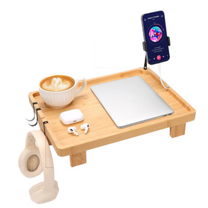 Wooden Bedside Table <b>Clip</b> On Portable Laptop Tray Storage Rack For Bedroom With Phone Holder And Headphone <b>Hook</b> - Product Image 5