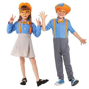 Disfraz de Blippi para niños, disfraz de cosplay, sombrero azul y naranja, gafas, tirantes, ropa para fiesta, edad de 5 a 7 años - Product Image 1