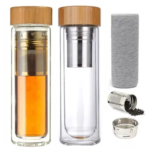 Hot Selling Großhandel Bambus deckel Doppel wand Vakuum 450ml Glas Tee flasche mit Edelstahl Tee Infuser