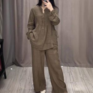 ชุดเซ็ต 2 ชิ้น เสื้อแขนยาวผ้าคอตตอนผสมลินินใส่สบายสำหรับผู้หญิง พร้อมกางเกงขายาวทรงกว้างผูกเชือก สไตล์ลำลอง แฟชั่น Sehe - Product Image 1