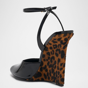 New Styles Women Open Square Toe High Wedge <b>Heels</b> Ankle Strap Peep Toe Sandals Dress Bright Patent Leopard Shoes - Product Image 5