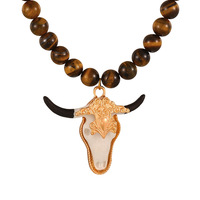 Collar de Piedras de Lava con Estilo Bohemio Tribal, Hecho a Mano con Nudos, Adornado con Diamantes de Imitación, Colgante de Cabeza de Búfalo con Cuernos de Toro