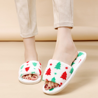 Chaussons pour femmes en fausse fourrure moelleuse motif sapin de Noël, à bout ouvert, respirants - Chauds pour l'hiver et l'automne