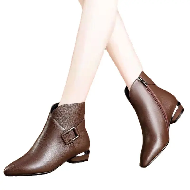 2023 neue Short Boots Damen Herbst und Winter Pointed Women Single Schuhe Thick Heel Short Boots Lederschuhe