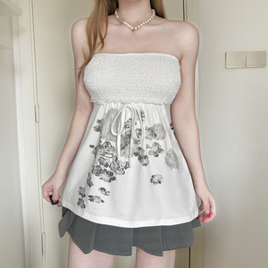 Top Corset Vintage Y2K, Transpirable, Tejido, Floral, con Hombros Descubiertos, Espalda Fruncida y Lazos Delanteros - Product Image 5