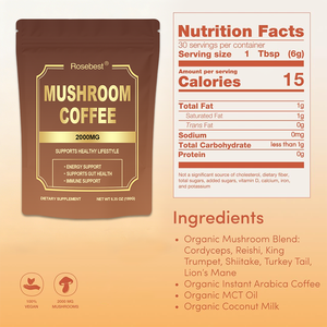 Café en Polvo Orgánico Rosebest OEM de Marca Privada <span class=keywords><strong>con</strong></span> Mezcla de Hongos Melena de León, Shiitake, Cordyceps, Cola de Pavo y <span class=keywords><strong>Ganoderma</strong></span> Lucidum - Product Image 6