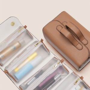Sac à pinceaux de maquillage pliable en cuir PU, résistant à l'eau, grande pochette de rangement cosmétique portable, organiseur de voyage, étui avec logo personnalisé - Product Image 5