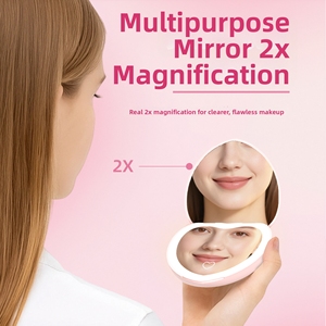 Miroir de maquillage de poche en forme de cœur à double face grossissant 1x 2x avec lumière tricolore, cadre en plastique pliable, portable - Product Image 2