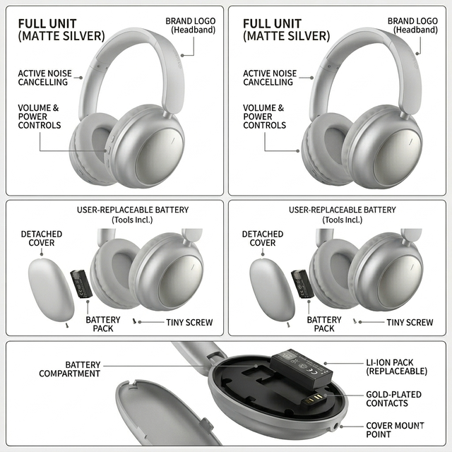 Professional Detachable Battery Headphones Wireless Bluetooth 5.4 ANC EU 2027 Compliance Active Noise Cancelling Headset Mic