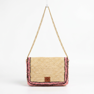 Bolso de Hombro de Rafia Hecho a Mano con Cierre de Cremallera, Correa de Cadena, Solapa y Borlas Bordadas, Bolso Tote de Verano - Product Image 1