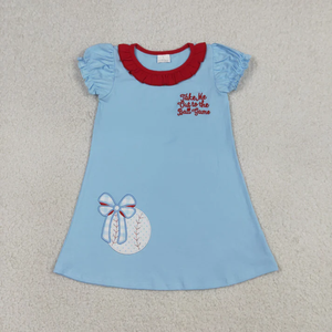 Ensemble décontracté 2 pièces pour fillette : T-shirt à manches courtes bleu avec nœuds et appliques de baseball et short – Vêtements d'été en gros pour enfants - Product Image 3