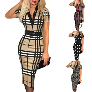 Oem Lady zarif elbise yüksek bel ofis bayan baskılı V boyun Bodycon elbise