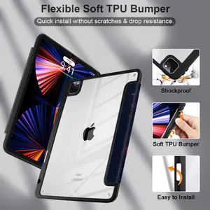 Rõ ràng trong suốt trở lại trường hợp đối với iPad Pro 12.9 inch 7th Gen 2024 phát hành 2024 Acrylic thông minh ngủ thức dậy da trường hợp