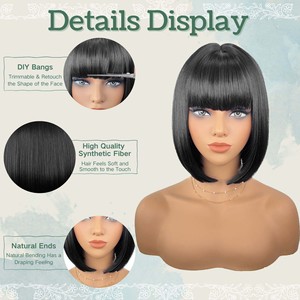 10 pouces court <span class=keywords><strong>noir</strong></span> synthétique perruque pour femmes naturel <span class=keywords><strong>noir</strong></span> Bob perruque avec frange coloré perruque quotidienne fête Cosplay cadeaux de noël - Product Image 2