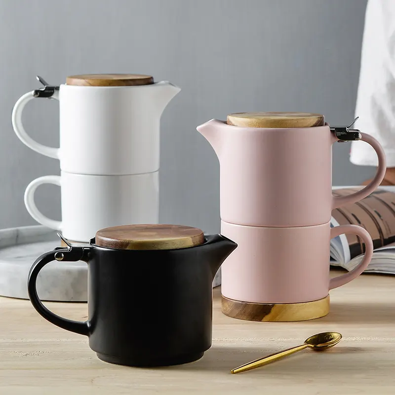 Nuevo diseño nórdico One Pot One Cup Set con tapa de madera Taza de cerámica Juego de regalo