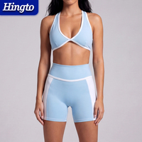 Ensemble de yoga pour femme avec logo personnalisé, soutien-gorge de sport à bretelles croisées et décolleté en V profond, short taille haute color block, ensemble 2 pièces pour la gym et le fitness