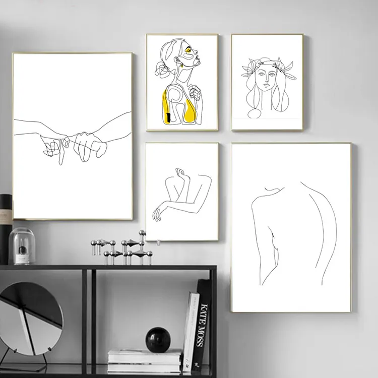 Frauen Linie Zeichnung Nordic Poster & Prints Moderne Leinwand Malerei Wand kunst Yellow Girl Wandbild