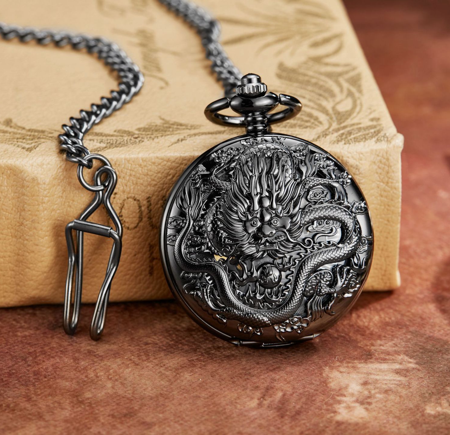 Винтажные двусторонние Механические карманные часы из нержавеющей стали с китайским драконом