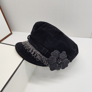 Chapeau de marin pour femme tendance, chapeau de newsboy, chapeau de chauffeur, chapeau de boulanger, béret à visière en velours, chapeau de fiddler avec fleur en strass - Product Image 5