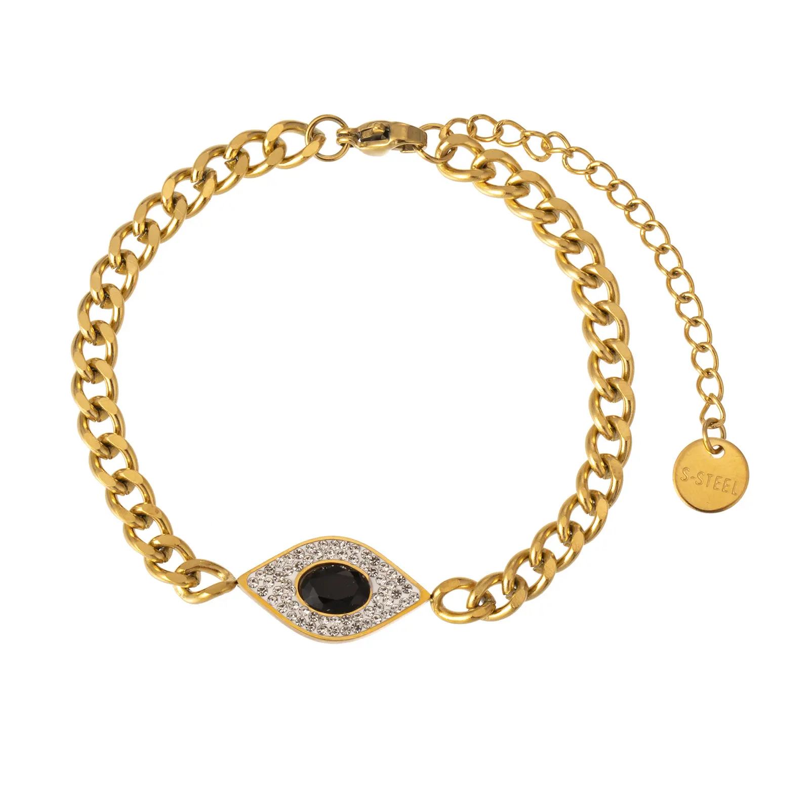 ISimple Design 18K Gold Plating Evil Eyes Charm Bracelet Stainless Steel Circle Chain Zircon Blue Eyes Bracelet