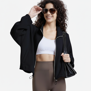 Sudadera recortada con cremallera completa de lana para invierno y otoño para mujer, chaqueta de manga larga con cuello alto y cremallera, capucha corta, chaqueta informal con cuello levantado - Product Image 1