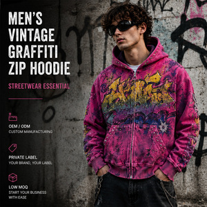 <strong>Mens</strong> Heavyweight Cotton Zip up Hoodie Vintage Distressed Graffiti Print Rhinestone Studs Streetwear Custom Logo Wholesale - Product Image 2