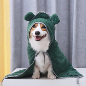 Pet-friendly Microfiber Absorbent <b>Towel</b> With <b>Hood</b> Dark Green And Dark Gray For Dog Grooming - Product Image 1