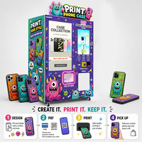 Máquina expendedora de carcasas de teléfono con pantalla dual para impresión de diseños de papel tapiz festivo, ideal para centros comerciales urbanos.