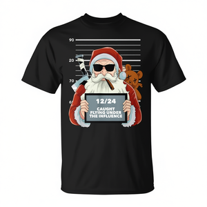 T-shirt unisexe pour adulte avec impression numérique, col rond, manches courtes, humoristique sur le thème de Noël, avec photo de pêcheur de rennes de Père Noël - Product Image 2