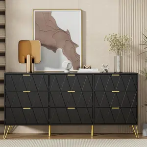 <span class=keywords><strong>Commode</strong></span> élégante noire à 9 tiroirs, au design géométrique <span class=keywords><strong>scandinave</strong></span>, finition <span class=keywords><strong>noir</strong></span> mat avec pieds dorés élégants - Product Image 2