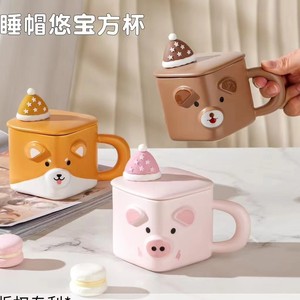 Tasse en céramique pour animaux de compagnie mignon dessin animé créatif tasse à eau domestique avec couvercle - Product Image 4