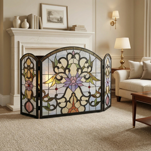 Stained Glass Fireplace <b>Screen</b> 3 Panels Floral Iris Design Traditional Decor Cathedral Shape Solid Handmade <b>Folding</b> Living Room - Product Image 1