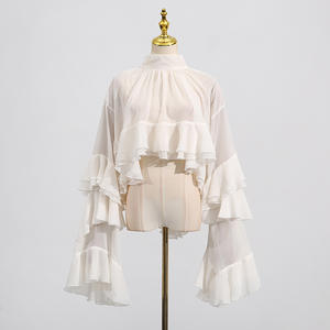 Chemise élégante pour femmes, en maille, à volants, à manches longues, asymétrique, tendance - Product Image 2