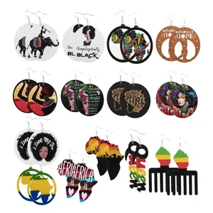 Pendientes de aro de madera con diseño de personas negras, pendientes de aro con diseño de personas negras, antirrobo, personalizados, de estilo africano