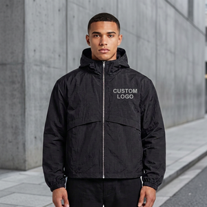Men's Custom Coated Windbreaker <b>Jacket</b> 100% Nylon Waterproof Two-Way Zipper Front Blank Hood Outdoor Sialkot Factory - Product Image 3