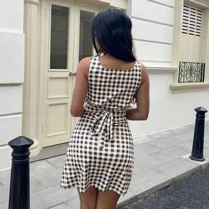 Elegante Vestido Tipo Jersey a Cuadros para el Traslado Diario, Diseño sin Mangas con Corte en A y Cintura Ajustada, Minivestido Gracioso - Product Image 5