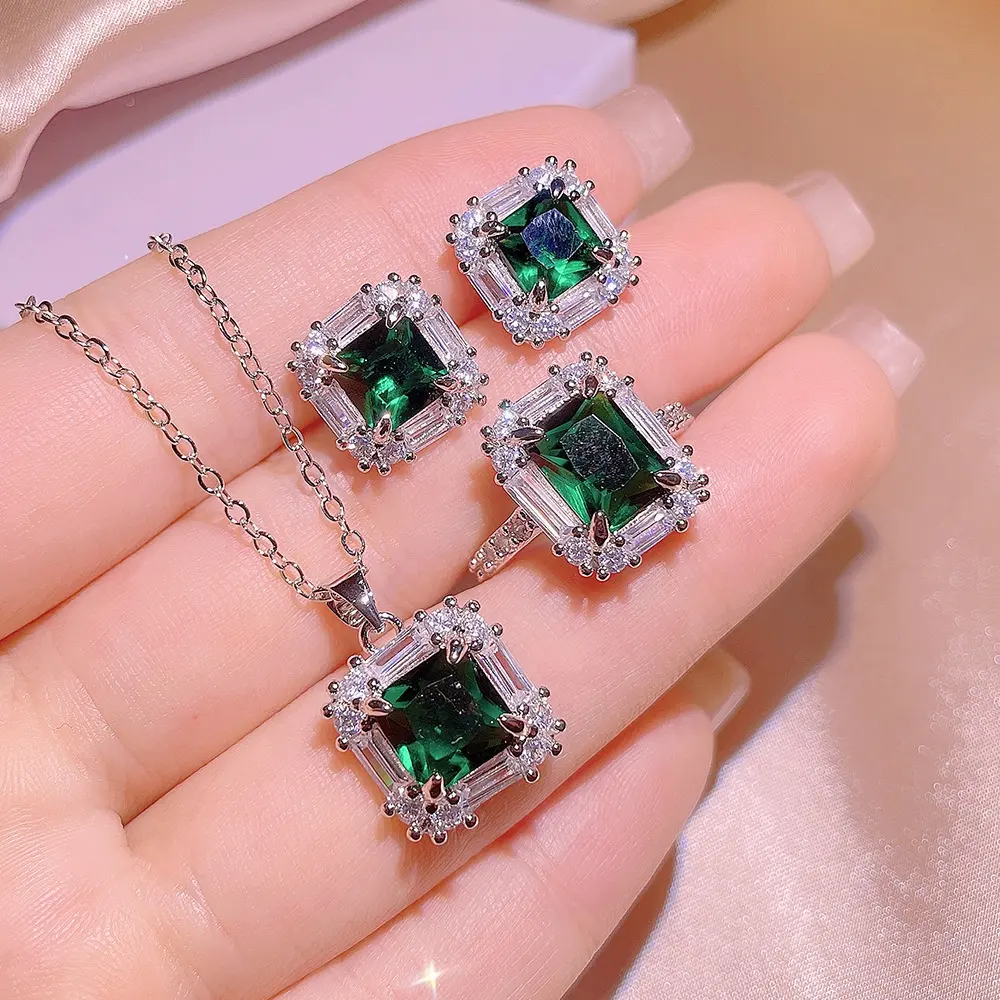 Exquisite Jewelry Three Piece Set for Women Inlaid Green Zircon Jewelry Adjustable Ring Earring Necklace Bridal Jewelry Sets
