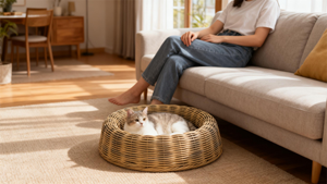 Ganzjahres-Haustier-Rattanhaus Umweltfreundliches Komfortables Haustierbett für Pelzige Freunde Weiden-Kunsthandwerk Katzenhaus - Product Image 2