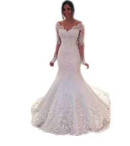 Luxury Mermaid V Neckline Sequin White Color Brazilian Long Sleeve Lace Wedding Dresses - Product Image 3