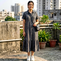 Robe midi en lin et coton noir à manches courtes, robes décontractées pour femmes, tissu léger, idéale pour tous les jours