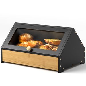 Boîte à pain en bambou avec porte en verre et couvercle rabattable, rangement alimentaire de cuisine, conteneur de conservation des collations sur le bureau - Product Image 3