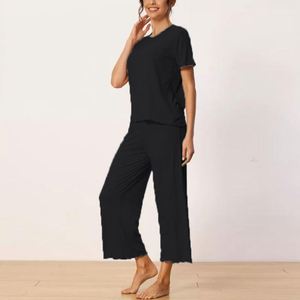 Ensemble de vêtements d'intérieur pour femme, T-shirt et pantalon, été, léger, manches courtes, pantalon long taille haute, pantalon ample à jambes larges, ensemble pyjama amincissant - Product Image 5