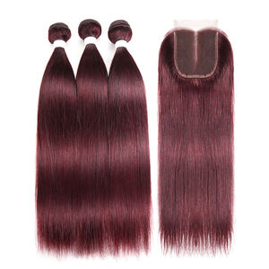 Extensions de Cheveux Naturels Bruts en Gros, 100% Alignés dans le Sens de la Cuticule, Couleur Rouge Bourgogne 99J, Lots avec Closure pour Tissage de Cheveux - Product Image 1
