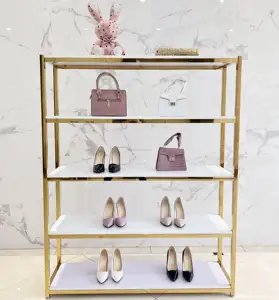 Desain Baru Butik Sepatu Wanita Rak Pajangan Berdiri Dekorasi Baja Nirkarat Logam untuk Tas Toko MDF