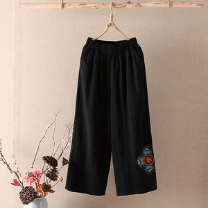 <span class=keywords><strong>Pantalones</strong></span> de Lino y Algodón Bordados de Estilo Folclórico para <span class=keywords><strong>Mujer</strong></span>, Suministro de Fábrica, <span class=keywords><strong>Pantalones</strong></span> Anchos de Color Liso, Transpirables y Cómodos para Vacaciones de Verano - Product Image 3